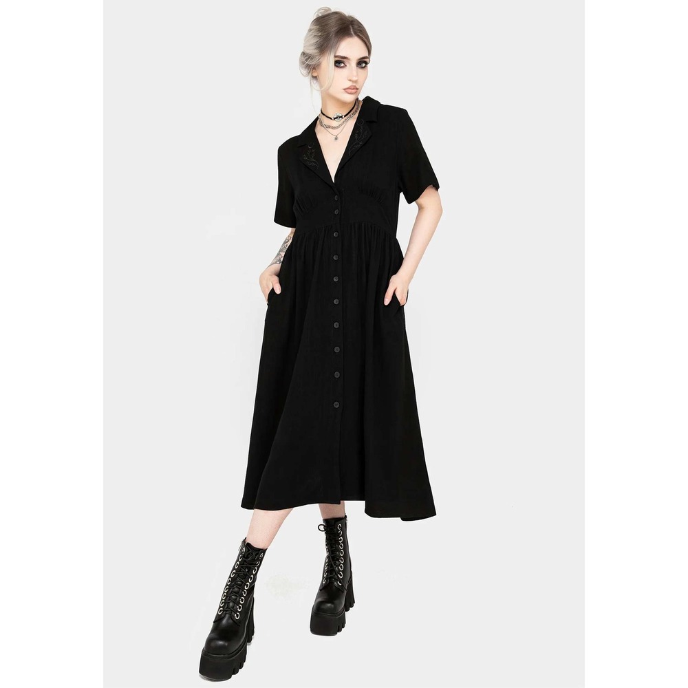 Disturbia Jasmine Embroidered Midi Shirt Dress Size 4 Black Linen Blend Button